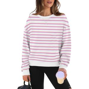 imageWIHOLL Womens Long Sleeve Crop Tops Crewneck Pullover Shirts Lightweight Sweatshirts 2024 Fall Fashion ClothesA  Pink Purple Stripe