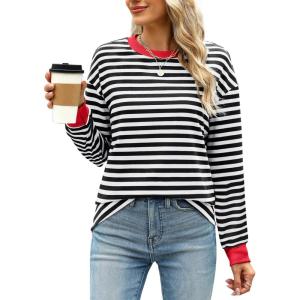 imageWIHOLL Womens Tunic Tops Long Sleeve Striped Shirts Crewneck TopsBlackRed