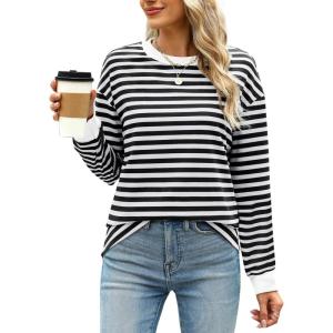 imageWIHOLL Womens Tunic Tops Long Sleeve Striped Shirts Crewneck TopsBlackWhite