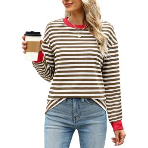 imageWIHOLL Womens Tunic Tops Long Sleeve Striped Shirts Crewneck TopsBrown