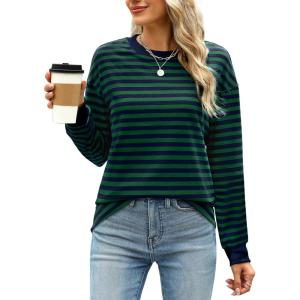 imageWIHOLL Womens Tunic Tops Long Sleeve Striped Shirts Crewneck TopsDark Green