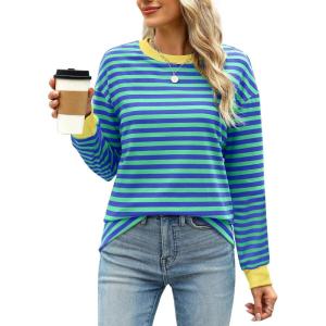 imageWIHOLL Womens Tunic Tops Long Sleeve Striped Shirts Crewneck TopsGreen