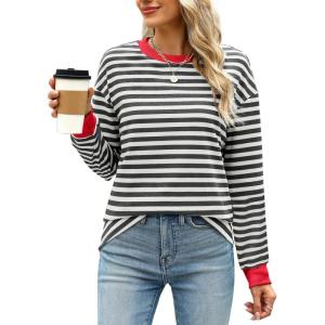 imageWIHOLL Womens Tunic Tops Long Sleeve Striped Shirts Crewneck TopsGrey