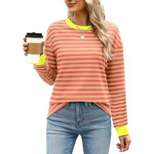 imageWIHOLL Womens Tunic Tops Long Sleeve Striped Shirts Crewneck TopsOrange