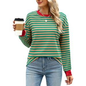 imageWIHOLL Womens Tunic Tops Long Sleeve Striped Shirts Crewneck TopsOrange Dark Green