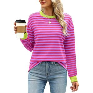 imageWIHOLL Womens Tunic Tops Long Sleeve Striped Shirts Crewneck TopsPink