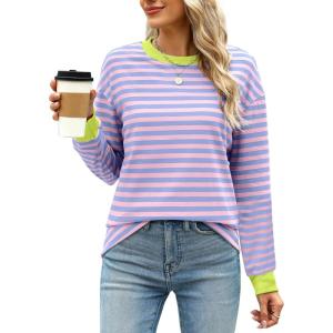 imageWIHOLL Womens Tunic Tops Long Sleeve Striped Shirts Crewneck TopsPink Blue
