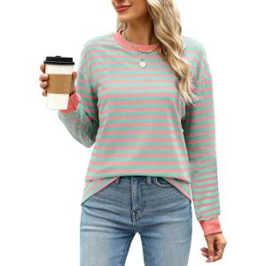 imageWIHOLL Womens Tunic Tops Long Sleeve Striped Shirts Crewneck TopsPink Light Green