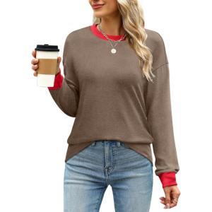 imageWIHOLL Womens Tunic Tops Long Sleeve Striped Shirts Crewneck TopsPlain Coffee
