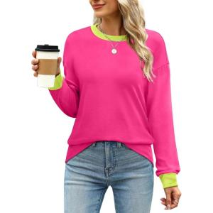 imageWIHOLL Womens Tunic Tops Long Sleeve Striped Shirts Crewneck TopsPlain Hot Pink