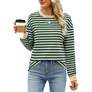imageWIHOLL Womens Tunic Tops Long Sleeve Striped Shirts Crewneck TopsWhite Green