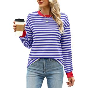 imageWIHOLL Womens Tunic Tops Long Sleeve Striped Shirts Crewneck TopsWhite Navy Blue