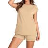 imageWIHOLL 2 Piece Sets for Women Casual Summer Travel Vacation Outfits Cap Sleeve Shorts Lounge SetKhaki