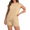 imageWIHOLL 2 Piece Sets for Women Casual Summer Travel Vacation Outfits Cap Sleeve Shorts Lounge SetKhaki