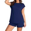 imageWIHOLL 2 Piece Sets for Women Casual Summer Travel Vacation Outfits Cap Sleeve Shorts Lounge SetNavy Blue