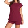 imageWIHOLL 2 Piece Sets for Women Casual Summer Travel Vacation Outfits Cap Sleeve Shorts Lounge SetWine