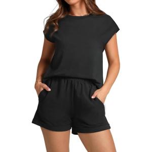 imageWIHOLL 2 Piece Sets for Women Casual Summer Travel Vacation Outfits Cap Sleeve Shorts Lounge SetBlack