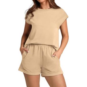 imageWIHOLL 2 Piece Sets for Women Casual Summer Travel Vacation Outfits Cap Sleeve Shorts Lounge SetKhaki