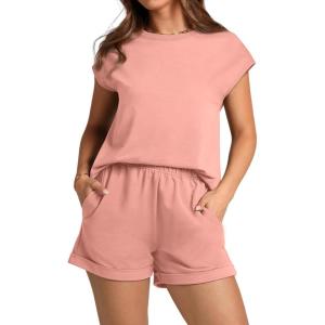 imageWIHOLL 2 Piece Sets for Women Casual Summer Travel Vacation Outfits Cap Sleeve Shorts Lounge SetPink