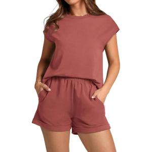 imageWIHOLL 2 Piece Sets for Women Casual Summer Travel Vacation Outfits Cap Sleeve Shorts Lounge SetRed