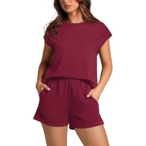 imageWIHOLL 2 Piece Sets for Women Casual Summer Travel Vacation Outfits Cap Sleeve Shorts Lounge SetWine