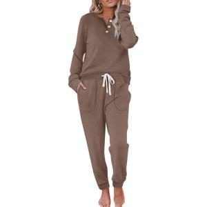 imageWIHOLL Two Piece Outfits for Women Lounge Sets Button Down Sweatshirt Sweatpants Sweatsuits Set with PocketsLong Sleeve  1 Khaki