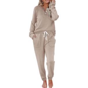 imageWIHOLL Two Piece Outfits for Women Lounge Sets Button Down Sweatshirt Sweatpants Sweatsuits Set with PocketsLong Sleeve  Beige