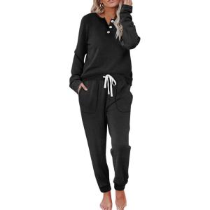 imageWIHOLL Two Piece Outfits for Women Lounge Sets Button Down Sweatshirt Sweatpants Sweatsuits Set with PocketsLong Sleeve  Black
