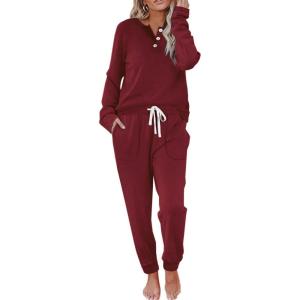 imageWIHOLL Two Piece Outfits for Women Lounge Sets Button Down Sweatshirt Sweatpants Sweatsuits Set with PocketsLong Sleeve  Burgendy Red