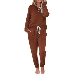 imageWIHOLL Two Piece Outfits for Women Lounge Sets Button Down Sweatshirt Sweatpants Sweatsuits Set with PocketsLong Sleeve  Caramel