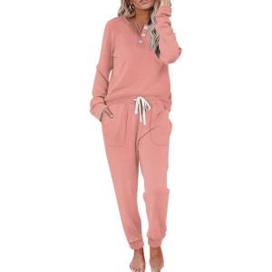 imageWIHOLL Two Piece Outfits for Women Lounge Sets Button Down Sweatshirt Sweatpants Sweatsuits Set with PocketsLong Sleeve  Coral Pink