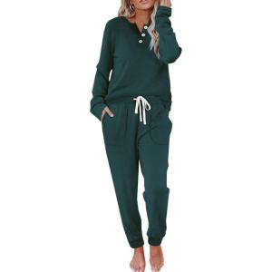 imageWIHOLL Two Piece Outfits for Women Lounge Sets Button Down Sweatshirt Sweatpants Sweatsuits Set with PocketsLong Sleeve  Dark Green