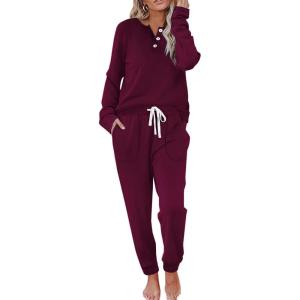 imageWIHOLL Two Piece Outfits for Women Lounge Sets Button Down Sweatshirt Sweatpants Sweatsuits Set with PocketsLong Sleeve  Magenta