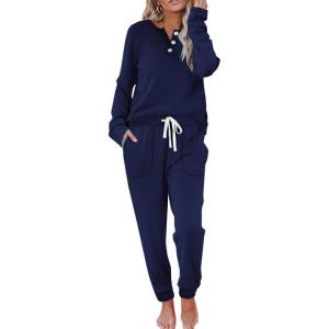 imageWIHOLL Two Piece Outfits for Women Lounge Sets Button Down Sweatshirt Sweatpants Sweatsuits Set with PocketsLong Sleeve  Navy Blue