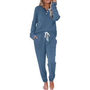 imageWIHOLL Two Piece Outfits for Women Lounge Sets Button Down Sweatshirt Sweatpants Sweatsuits Set with PocketsLong Sleeve  Steel Blue