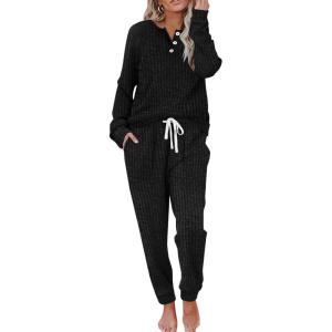 imageWIHOLL Two Piece Outfits for Women Lounge Sets Button Down Sweatshirt Sweatpants Sweatsuits Set with PocketsLong Sleeve 1black