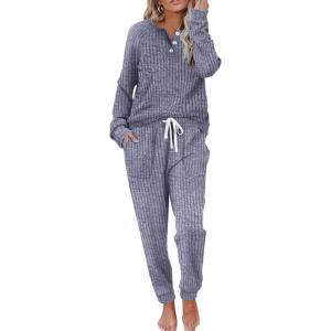 imageWIHOLL Two Piece Outfits for Women Lounge Sets Button Down Sweatshirt Sweatpants Sweatsuits Set with PocketsLong Sleeve 1dark Blue