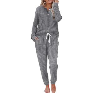 imageWIHOLL Two Piece Outfits for Women Lounge Sets Button Down Sweatshirt Sweatpants Sweatsuits Set with PocketsLong Sleeve 1dark Grey