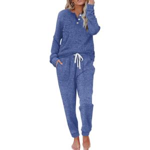 imageWIHOLL Two Piece Outfits for Women Lounge Sets Button Down Sweatshirt Sweatpants Sweatsuits Set with PocketsLong Sleeve 2 Blue
