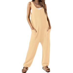 imageWIHOLL Womens Casual Loose Knit Jumpsuits Sleeveless V Neck Romper with Pocket and Long Pants OverallsBeige