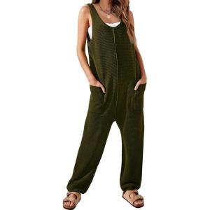 imageWIHOLL Womens Casual Loose Knit Jumpsuits Sleeveless V Neck Romper with Pocket and Long Pants OverallsGreen