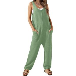 imageWIHOLL Womens Casual Loose Knit Jumpsuits Sleeveless V Neck Romper with Pocket and Long Pants OverallsMint Green