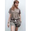 imageWIHOLL Two Piece Outfits for Women Lounge Sets Button Down Top and Shorts Set Sweatsuits with PocketsShort Sleeve  Khaki