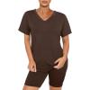 imageWIHOLL Two Piece Outfits for Women Short Sleeve V Neck Biker Shorts Set1coffee