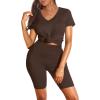 imageWIHOLL Two Piece Outfits for Women Short Sleeve V Neck Biker Shorts Set1coffee