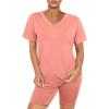 imageWIHOLL Two Piece Outfits for Women Short Sleeve V Neck Biker Shorts Set1coral Pink