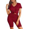 imageWIHOLL Two Piece Outfits for Women Short Sleeve V Neck Biker Shorts Set1wine Red