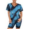 imageWIHOLL Two Piece Outfits for Women Short Sleeve V Neck Biker Shorts Set2blue Black