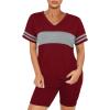 imageWIHOLL Two Piece Outfits for Women Short Sleeve V Neck Biker Shorts Set3wine Red