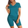 imageWIHOLL Two Piece Outfits for Women Short Sleeve V Neck Biker Shorts Set1turquoise